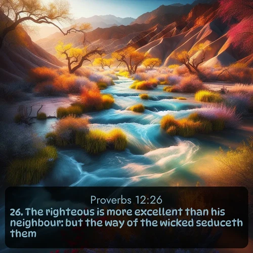 citation biblique : 26. The righteous is more excellent than his neighbour: but the way of the wicked seduceth them.
 sur fond image nature