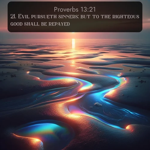 citation biblique : 21. Evil pursueth sinners: but to the righteous good shall be repayed.
 sur fond image nature