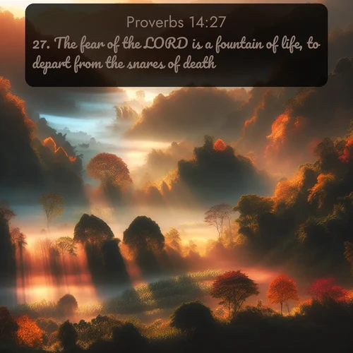 citation biblique : 27. The fear of the LORD is a fountain of life, to depart from the snares of death.
 sur fond image nature