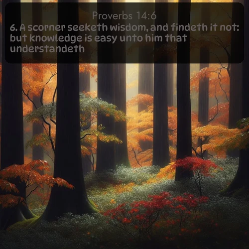 citation biblique : 6. A scorner seeketh wisdom, and findeth it not: but knowledge is easy unto him that understandeth.
 sur fond image nature