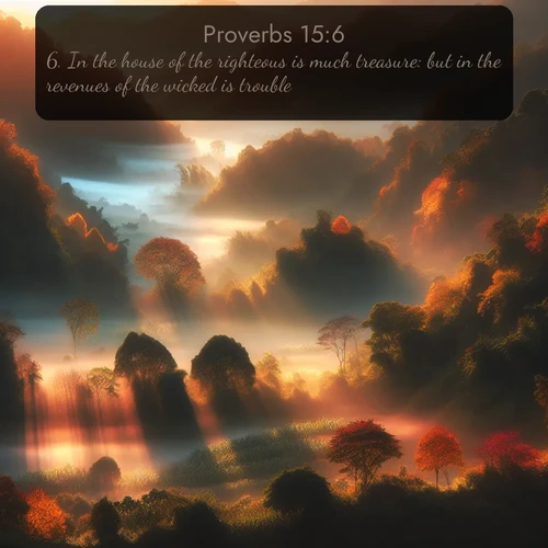 citation biblique : 6. In the house of the righteous is much treasure: but in the revenues of the wicked is trouble.
 sur fond image nature