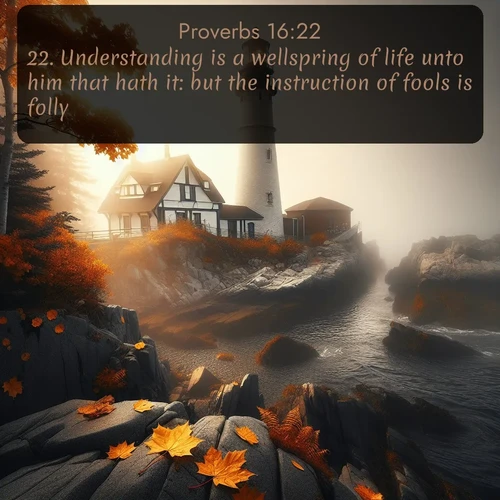 KJV Proverbs  ; image nature: image with the bible verse :Understanding is a wellspring of life unto him that hath it: but the instruction of fools is folly. ; Explore an exceptional collection of Bible verse images accompanied by photos of nature, showcasing snowy mountains, serene forests, and still lakes. These images feature luminous tones and varied fonts to bring serenity and inspiration. Share uplifting verses like KJV Proverbs 16:22. Current verse is overlayed with the thematic nature scene : Autumn fog shrouds a lighthouse on rocky shores. ; 16:22