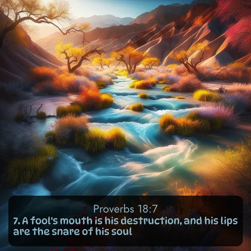 citation biblique : 7. A fool&#039;s mouth is his destruction, and his lips are the snare of his soul.
 sur fond image nature