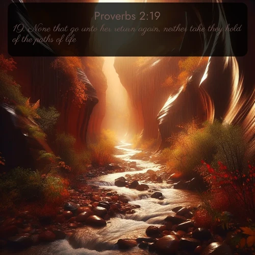 citation biblique : 19. None that go unto her return again, neither take they hold of the paths of life.
 sur fond image nature