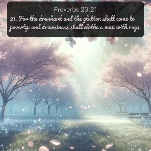 KJV Proverbs  ; image nature: image with the bible verse :For the drunkard and the glutton shall come to poverty: and drowsiness shall clothe a man with rags. ; Discover beautiful Bible verse images that combine inspiring scripture with captivating nature photos. Download high-quality images featuring lush valleys, peaceful streams, and endless horizons like KJV Proverbs 23:21. Current verse is overlayed with the thematic nature scene : Spring rain falls on cherry trees in full bloom, petals drifting like snow. ; 23:21