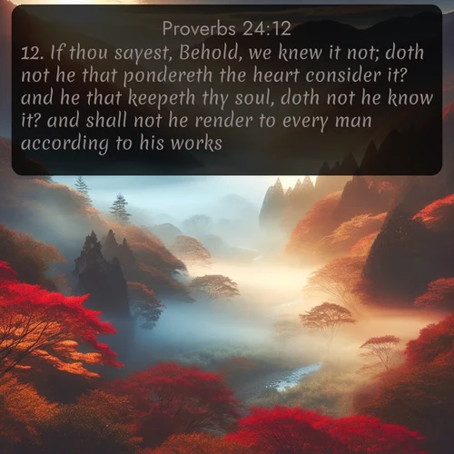 KJV Proverbs  ; image nature: image with the bible verse :If thou sayest, Behold, we knew it not; doth not he that pondereth the heart consider it? and he that keepeth thy soul, doth not he know it? and shall not he render to every man according to his works? ; Browse a gallery of Bible verses paired with summer scenes, such as golden wheat fields, bright skies, and sunny beaches. These images convey the joy and warmth of God&#039;s creation. Download and share verses like KJV Proverbs 24:12. Current verse is overlayed with the thematic nature scene : Autumn mist rises from a valley dotted with red and gold maples. ; 24:12