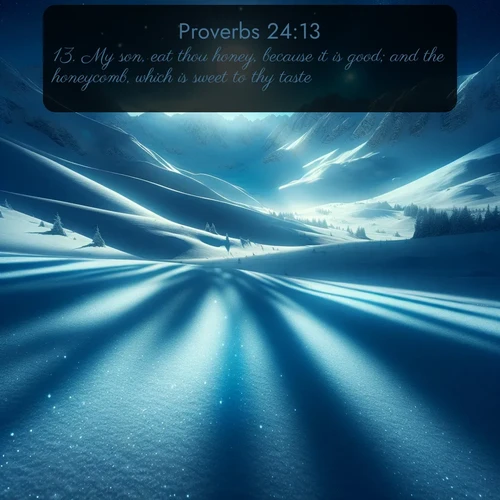 KJV Proverbs  ; image nature: image with the bible verse :My son, eat thou honey, because it is good; and the honeycomb, which is sweet to thy taste: ; Browse our collection of Bible verses paired with captivating photos of God’s creation, like crystal-clear lakes, majestic cliffs, and colorful skies. All images are free for download and sharing. Verse examples include KJV Proverbs 24:13. Current verse is overlayed with the thematic nature scene : Moonlight illuminates the snowy mountain peaks, casting blue shadows across untouched powder. ; 24:13