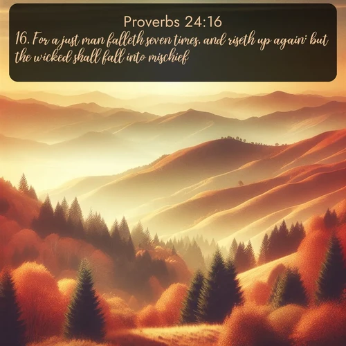 KJV Proverbs  ; image nature: image with the bible verse :For a just man falleth seven times, and riseth up again: but the wicked shall fall into mischief. ; Admire Bible verse images featuring tranquil rivers, golden fields, and starry heavens. These free-to-download images make inspiring wallpapers or thoughtful gifts. Download KJV Proverbs 24:16 now. Current verse is overlayed with the thematic nature scene : Autumn colors paint hillsides in warm earth tones. ; 24:16