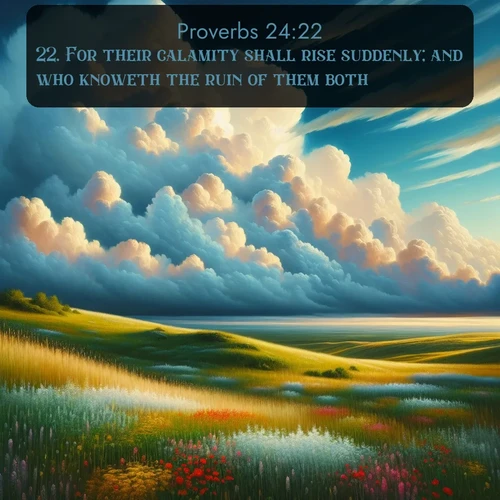 KJV Proverbs  ; image nature: image with the bible verse :For their calamity shall rise suddenly; and who knoweth the ruin of them both? ; Explore a rich collection of Bible verse images beautifully illustrated by natural landscapes, such as colorful skies, towering mountains, and tranquil rivers. The images highlight the serenity of God&#039;s creation with vivid tones and carefully chosen typography. Download and share inspiring verses like KJV Proverbs 24:22. Current verse is overlayed with the thematic nature scene : Summer thunderheads build over grasslands dotted with wildflowers. ; 24:22