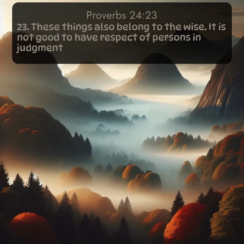 KJV Proverbs  ; image nature: image with the bible verse :These things also belong to the wise. It is not good to have respect of persons in judgment. ; Access a vast collection of Bible verse images illustrated with natural landscapes like calm rivers, blooming fields, and bright horizons. These images emphasize the serenity and splendor of God&#039;s creation, accompanied by aesthetic fonts and joyful colors. Download verses like KJV Proverbs 24:23 and share them. Current verse is overlayed with the thematic nature scene : Autumn fog rolls through valleys between ancient rounded mountains. ; 24:23