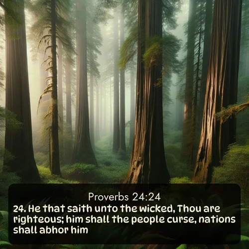 KJV Proverbs  ; image nature: image with the bible verse :He that saith unto the wicked, Thou are righteous; him shall the people curse, nations shall abhor him: ; Browse our collection of Bible verses paired with captivating photos of God’s creation, like crystal-clear lakes, majestic cliffs, and colorful skies. All images are free for download and sharing. Verse examples include KJV Proverbs 24:24. Current verse is overlayed with the thematic nature scene : Coastal redwoods disappear into the fog high above a fern grove. ; 24:24