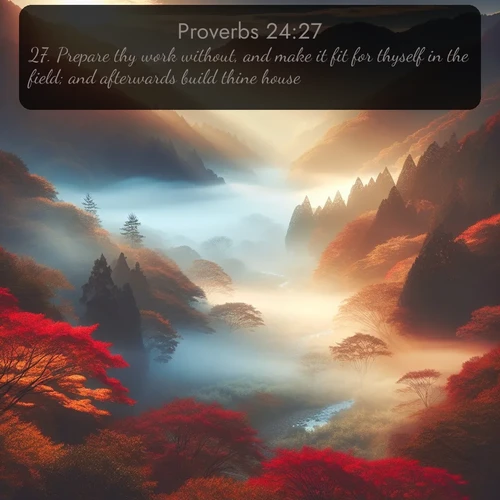 KJV Proverbs  ; image nature: image with the bible verse :Prepare thy work without, and make it fit for thyself in the field; and afterwards build thine house. ; Discover Bible images illustrated by desert landscapes, like sand dunes, majestic rocks, and starry skies. These images symbolize the grandeur and immensity of God&#039;s creation. Download verses like KJV Proverbs 24:27. Current verse is overlayed with the thematic nature scene : Autumn mist rises from a valley dotted with red and gold maples. ; 24:27