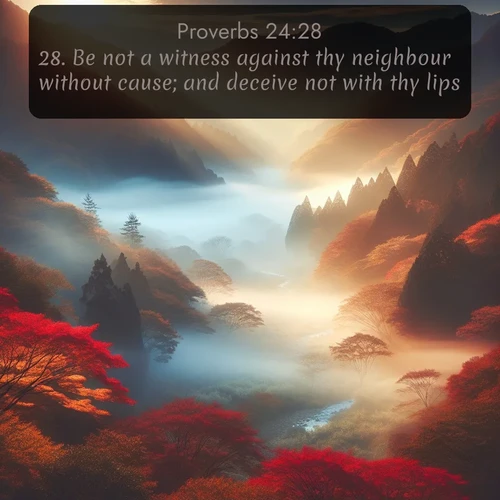 KJV Proverbs  ; image nature: image with the bible verse :Be not a witness against thy neighbour without cause; and deceive not with thy lips. ; Discover Bible verses beautifully integrated with natural scenes of varied seasons, featuring summer skies, winter snow, autumn leaves, and spring blooms. Each image captures the splendor and peace of God&#039;s creation. Share verses like KJV Proverbs 24:28. Current verse is overlayed with the thematic nature scene : Autumn mist rises from a valley dotted with red and gold maples. ; 24:28