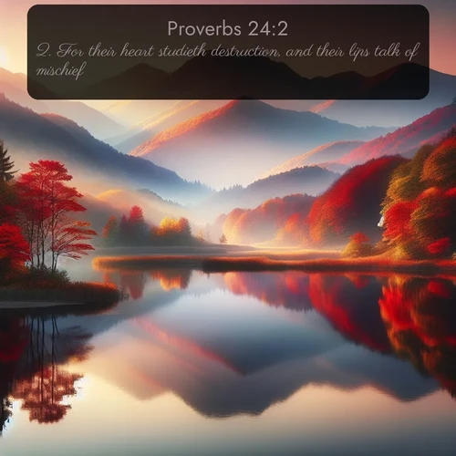 KJV Proverbs  ; image nature: image with the bible verse :For their heart studieth destruction, and their lips talk of mischief. ; Discover tranquil Bible verse images enhanced with natural scenery like rippling brooks, snow-covered fields, and sunlit beaches. These free images are perfect for wallpapers or spiritual reflection. Share KJV Proverbs 24:2. Current verse is overlayed with the thematic nature scene : Autumn colors reflect in a still mountain lake at sunrise. ; 24:2
