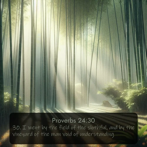 KJV Proverbs  ; image nature: image with the bible verse :I went by the field of the slothful, and by the vineyard of the man void of understanding; ; Explore our vast collection of images featuring beautifully illustrated Bible verses accompanied by nature photos. Discover inspiring and motivating verses paired with soothing landscapes, like shimmering lakes, majestic mountains, and lush forests. Our images highlight the peaceful beauty of God&#039;s creation with vibrant colors and varied fonts. Download and share verse images like KJV Proverbs 24:30. Current verse is overlayed with the thematic nature scene : Bamboo forests cast striped shadows while a gentle rain patters on broad leaves. ; 24:30