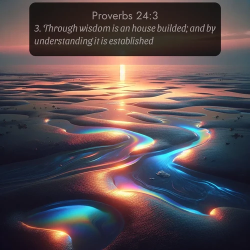 KJV Proverbs  ; image nature: image with the bible verse :Through wisdom is an house builded; and by understanding it is established: ; Browse our collection of vibrant Bible verse images set against calming backdrops like tropical shores, quiet woods, and majestic mountains. Download free wallpapers featuring KJV Proverbs 24:3. Current verse is overlayed with the thematic nature scene : Tidal pools reflect sunset colors at low tide. ; 24:3