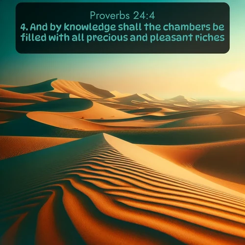 KJV Proverbs  ; image nature: image with the bible verse :And by knowledge shall the chambers be filled with all precious and pleasant riches. ; Explore our vast collection of images featuring beautifully illustrated Bible verses accompanied by nature photos. Discover inspiring and motivating verses paired with soothing landscapes, like shimmering lakes, majestic mountains, and lush forests. Our images highlight the peaceful beauty of God&#039;s creation with vibrant colors and varied fonts. Download and share verse images like KJV Proverbs 24:4. Current verse is overlayed with the thematic nature scene : Desert dunes ripple endlessly under the scorching sun, their golden crests sharp against the azure sky. A sidewinder&#039;s tracks weave delicate patterns in the sand. ; 24:4
