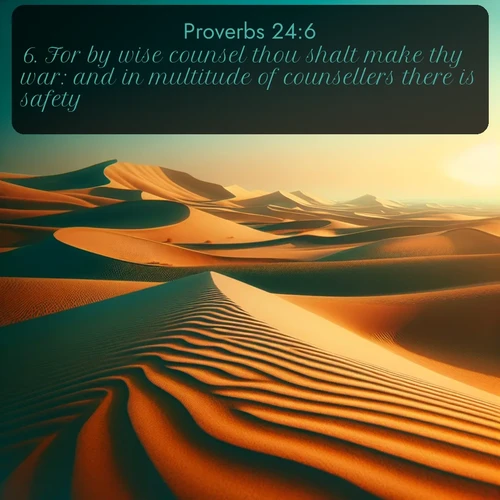 KJV Proverbs  ; image nature: image with the bible verse :For by wise counsel thou shalt make thy war: and in multitude of counsellers there is safety. ; Dive into a gallery of Bible verses illustrated by tropical beach scenes, featuring sparkling waves, seashells, and radiant sunrises. These images evoke divine peace and joy. Download and share inspiring verses like KJV Proverbs 24:6. Current verse is overlayed with the thematic nature scene : Desert dunes ripple endlessly under the scorching sun, their golden crests sharp against the azure sky. A sidewinder&#039;s tracks weave delicate patterns in the sand. ; 24:6