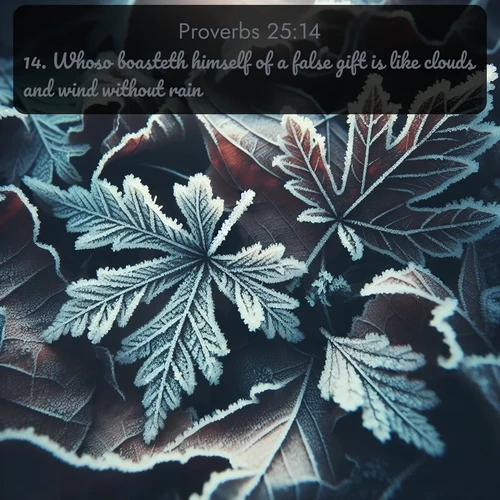 KJV Proverbs  ; image nature: image with the bible verse :Whoso boasteth himself of a false gift is like clouds and wind without rain. ; Discover Bible verse images capturing the warmth of summer, with beach landscapes, sunlit fields, and clear skies. These bright scenes reflect divine joy. Share verses like KJV Proverbs 25:14. Current verse is overlayed with the thematic nature scene : Winter frost creates delicate patterns on fallen leaves. ; 25:14