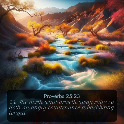 KJV Proverbs  ; image nature: image with the bible verse :The north wind driveth away rain: so doth an angry countenance a backbiting tongue. ; Admire our free collection of Bible verse images with beautiful landscapes like sunlit forests, rippling waters, and radiant dawns. Each verse, such as KJV Proverbs 25:23, is ready to download and share. Current verse is overlayed with the thematic nature scene : Spring floods transform desert arroyos into rushing streams. ; 25:23
