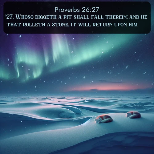 KJV Proverbs 26:27 overlaying nature image scene: Northern lights dance across the frozen tundra in ribbons of green and purple. Snow falls silently on sleeping arctic foxes.;27. Whoso diggeth a pit shall fall therein: and he that rolleth a stone, it will return upon him.