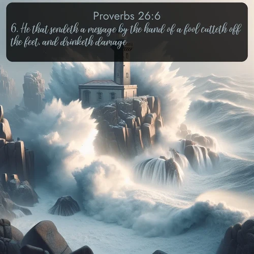 citation biblique : 6. He that sendeth a message by the hand of a fool cutteth off the feet, and drinketh damage.
 sur fond image nature