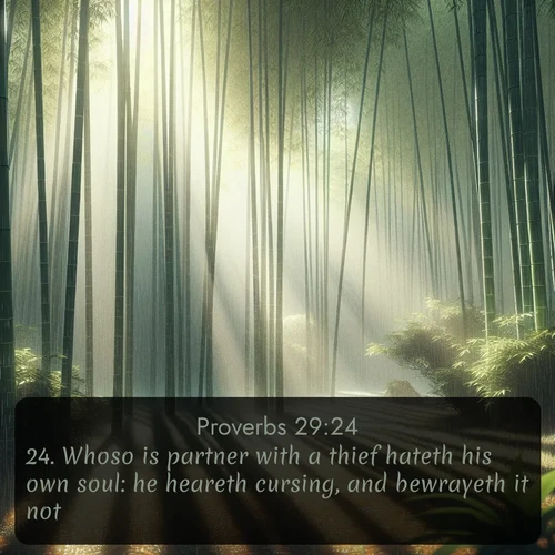 citation biblique : 24. Whoso is partner with a thief hateth his own soul: he heareth cursing, and bewrayeth it not.
 sur fond image nature