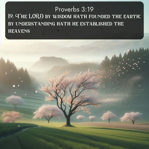 KJV Proverbs  ; image nature: image with the bible verse :The LORD by wisdom hath founded the earth; by understanding hath he established the heavens. ; Explore a stunning collection of Bible verse images featuring picturesque scenery like sun-drenched meadows, tranquil lakes, and majestic forests. All images are free to download and share. Verses include KJV Proverbs 3:19. Current verse is overlayed with the thematic nature scene : Spring winds scatter cherry blossoms like snow. ; 3:19