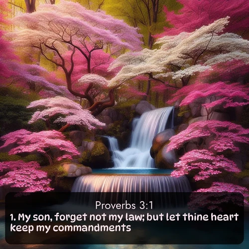 citation biblique : 1. My son, forget not my law; but let thine heart keep my commandments:
 sur fond image nature