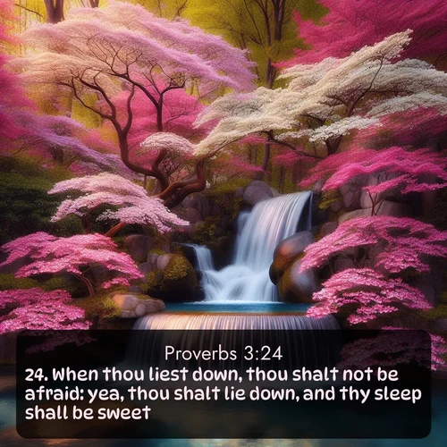 citation biblique : 24. When thou liest down, thou shalt not be afraid: yea, thou shalt lie down, and thy sleep shall be sweet.
 sur fond image nature