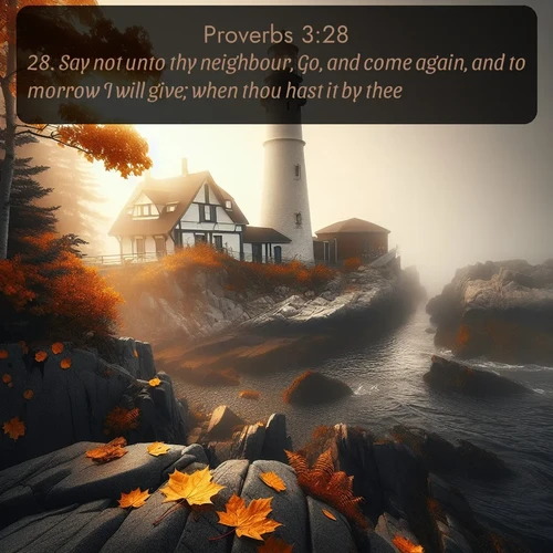 citation biblique : 28. Say not unto thy neighbour, Go, and come again, and to morrow I will give; when thou hast it by thee.
 sur fond image nature