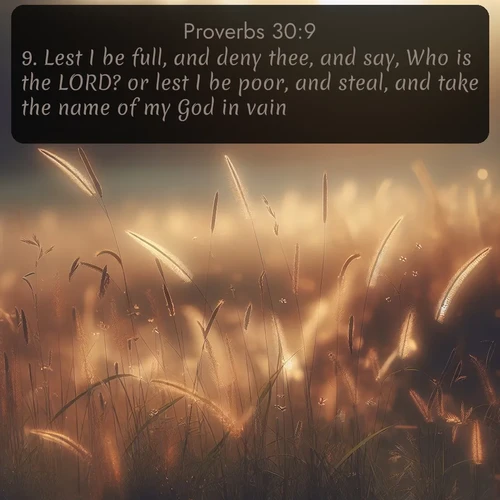 KJV Proverbs  ; image nature: image with the bible verse :Lest I be full, and deny thee, and say, Who is the LORD? or lest I be poor, and steal, and take the name of my God in vain. ; Discover beautiful Bible verse images enriched with natural landscapes, from serene beaches to cascading waterfalls. All images are free and ready to download. Share verses such as KJV Proverbs 30:9. Current verse is overlayed with the thematic nature scene : Summer heat brings out cricket songs in meadow grass. ; 30:9