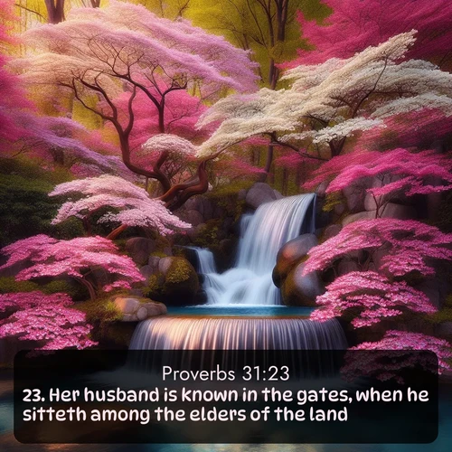 citation biblique : 23. Her husband is known in the gates, when he sitteth among the elders of the land.
 sur fond image nature