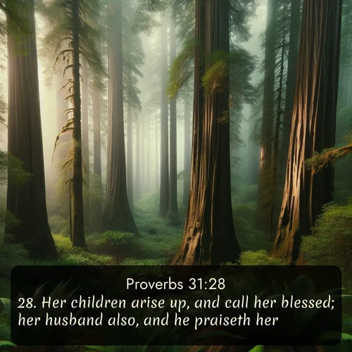 KJV Proverbs 31:28 overlaying nature image scene: Coastal redwoods disappear into the fog high above a fern grove.;28. Her children arise up, and call her blessed; her husband also, and he praiseth her.