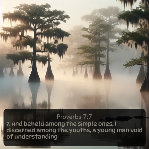 KJV Proverbs 7:7 overlaying nature image scene: Morning fog clings to gnarled cypress trees in the swamp. An alligator glides silently through the dark water.;7. And beheld among the simple ones, I discerned among the youths, a young man void of understanding,
