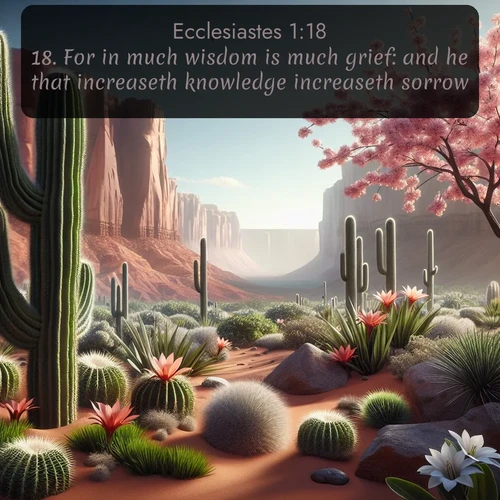 KJV Ecclesiastes 1:18 overlaying nature image scene: Desert cacti burst with spring blooms against red sandstone formations.;18. For in much wisdom is much grief: and he that increaseth knowledge increaseth sorrow.