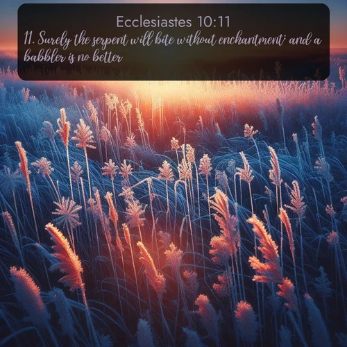 KJV Ecclesiastes  ; image nature: image with the bible verse :Surely the serpent will bite without enchantment; and a babbler is no better. ; Admire Bible verse images illustrated by desert scenes, such as sunsets over dunes, majestic rocks, and solitary cacti. These images capture the majesty of God in arid places. Download and share verses like KJV Ecclesiastes 10:11. Current verse is overlayed with the thematic nature scene : Winter sunrise illuminates frost-covered prairie grass. ; 10:11