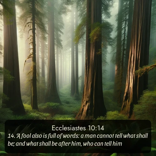 KJV Ecclesiastes  ; image nature: image with the bible verse :A fool also is full of words: a man cannot tell what shall be; and what shall be after him, who can tell him? ; Explore a rich collection of Bible verse images beautifully illustrated by natural landscapes, such as colorful skies, towering mountains, and tranquil rivers. The images highlight the serenity of God&#039;s creation with vivid tones and carefully chosen typography. Download and share inspiring verses like KJV Ecclesiastes 10:14. Current verse is overlayed with the thematic nature scene : Coastal redwoods disappear into the fog high above a fern grove. ; 10:14