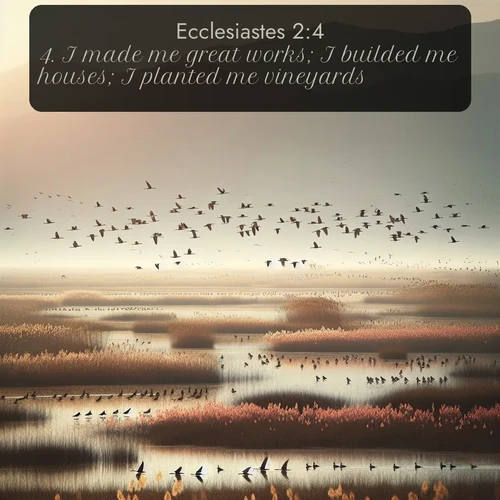 citation biblique : 4. I made me great works; I builded me houses; I planted me vineyards:
 sur fond image nature