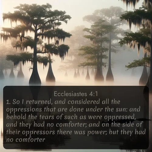 citation biblique : 1. So I returned, and considered all the oppressions that are done under the sun: and behold the tears of such as were oppressed, and they had no comforter; and on the side of their oppressors there was power; but they had no comforter.
 sur fond image nature