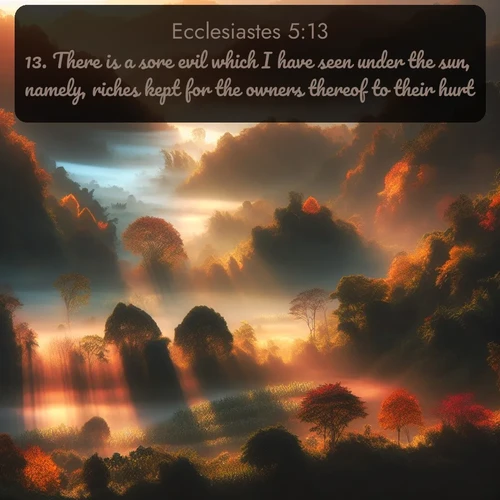 citation biblique : 13. There is a sore evil which I have seen under the sun, namely, riches kept for the owners thereof to their hurt.
 sur fond image nature