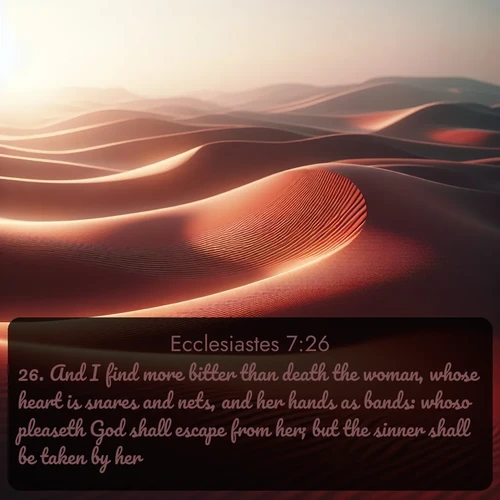citation biblique : 26. And I find more bitter than death the woman, whose heart is snares and nets, and her hands as bands: whoso pleaseth God shall escape from her; but the sinner shall be taken by her.
 sur fond image nature