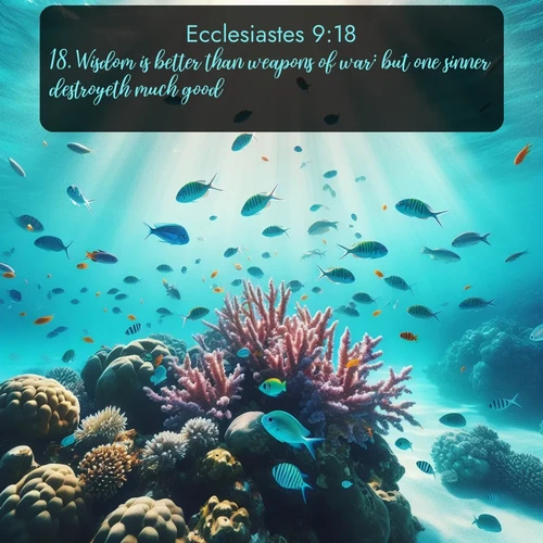 KJV Ecclesiastes  ; image nature: image with the bible verse :Wisdom is better than weapons of war: but one sinner destroyeth much good. ; Download high-resolution Bible verse images showcasing the beauty of God&#039;s creation—from radiant sunsets to tranquil rivers. Free for use as wallpapers or sharing verses like KJV Ecclesiastes 9:18. Current verse is overlayed with the thematic nature scene : Tropical fish dart through coral reefs in crystal-clear waters. ; 9:18