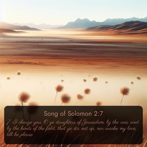 KJV Song of Solomon  ; image nature: image with the bible verse :I charge you, O ye daughters of Jerusalem, by the roes, and by the hinds of the field, that ye stir not up, nor awake my love, till he please. ; Explore a winter collection of Bible verse images adorned with photos of icy landscapes, frozen waterfalls, and snow-covered forests. These scenes capture divine tranquility and purity. Download inspiring verses like KJV Song of Solomon 2:7. Current verse is overlayed with the thematic nature scene : Autumn wind sends tumbleweeds dancing across the prairie. ; 2:7