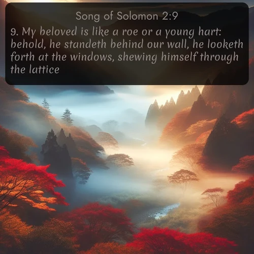KJV Song of Solomon  ; image nature: image with the bible verse :My beloved is like a roe or a young hart: behold, he standeth behind our wall, he looketh forth at the windows, shewing himself through the lattice. ; Browse a large collection of Bible verse images with photos showcasing the splendor of nature. Scenes of peaceful rivers, verdant valleys, and radiant skies enhance the inspiring verses. Each image reflects the serenity and joy of God&#039;s creation, with elegant text fonts. Download and share verses such as KJV Song of Solomon 2:9. Current verse is overlayed with the thematic nature scene : Autumn mist rises from a valley dotted with red and gold maples. ; 2:9
