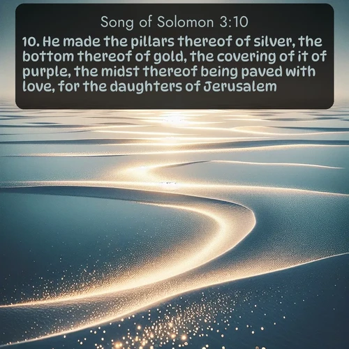 citation biblique : 10. He made the pillars thereof of silver, the bottom thereof of gold, the covering of it of purple, the midst thereof being paved with love, for the daughters of Jerusalem.
 sur fond image nature
