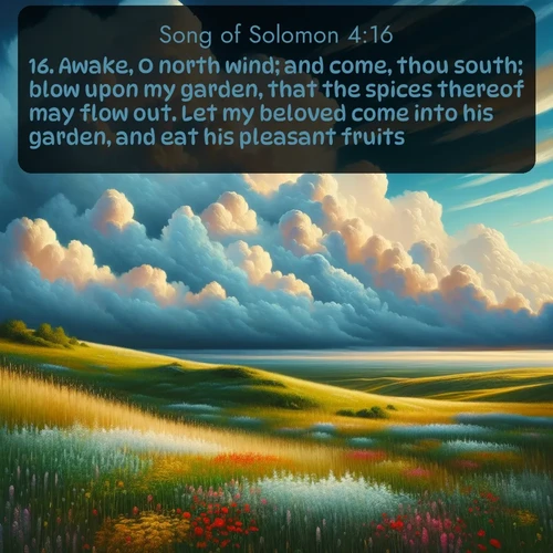 KJV Song of Solomon  ; image nature: image with the bible verse :Awake, O north wind; and come, thou south; blow upon my garden, that the spices thereof may flow out. Let my beloved come into his garden, and eat his pleasant fruits. ; Explore a unique collection of Bible verses illustrated by winter landscapes, such as snowy mountains, frosty forests, and starry skies. These images capture the peace and beauty of winter. Share verses like KJV Song of Solomon 4:16. Current verse is overlayed with the thematic nature scene : Summer thunderheads build over grasslands dotted with wildflowers. ; 4:16