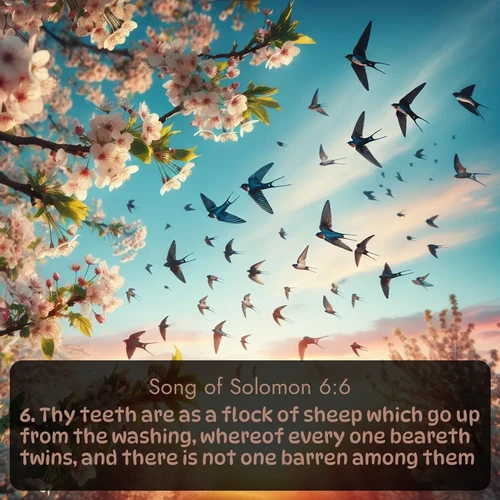 citation biblique : 6. Thy teeth are as a flock of sheep which go up from the washing, whereof every one beareth twins, and there is not one barren among them.
 sur fond image nature