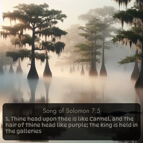 KJV Song of Solomon  ; image nature: image with the bible verse :Thine head upon thee is like Carmel, and the hair of thine head like purple; the king is held in the galleries. ; Admire Bible images evoking autumn, with warm colors of fallen leaves, harvested fields, and tranquil woods. These inspiring landscapes reflect the transition and beauty of God&#039;s creation. Download verses like KJV Song of Solomon 7:5. Current verse is overlayed with the thematic nature scene : Morning fog clings to gnarled cypress trees in the swamp. An alligator glides silently through the dark water. ; 7:5