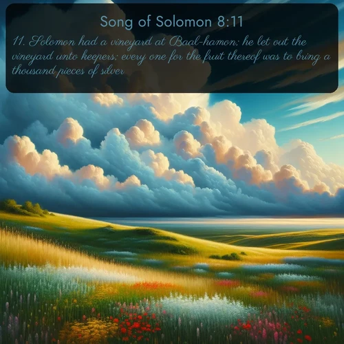 citation biblique : 11. Solomon had a vineyard at Baal-hamon; he let out the vineyard unto keepers; every one for the fruit thereof was to bring a thousand pieces of silver.
 sur fond image nature